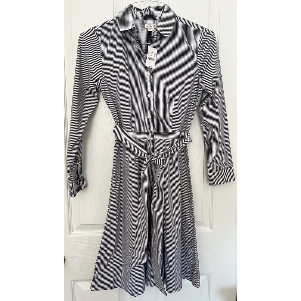 J. Crew Tie Waist Shirt Dress Blue White Striped Long Sleeve Belted Size 00